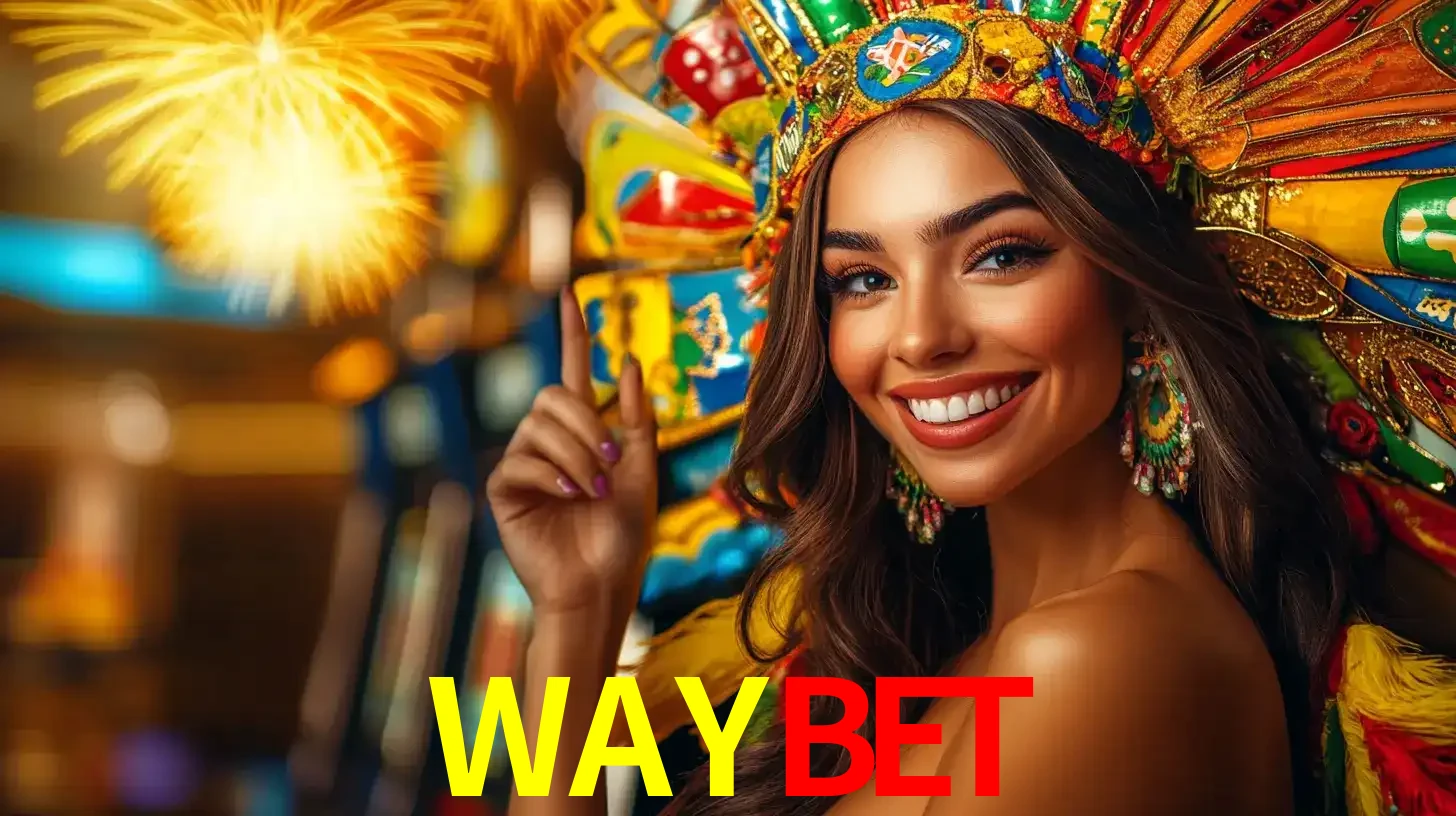 Mulher sorridente com um cocar de carnaval vibrante e colorido, celebrando uma grande vitória nos jogos do cassino WAYBET com fogos de artifício ao fundo.