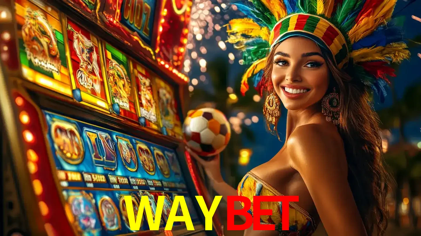 Mulher com um cocar de carnaval ao lado de uma máquina de caça-níqueis enquanto segura uma bola de futebol, mostrando a união da diversão de cassino e esportes no WAYBET.