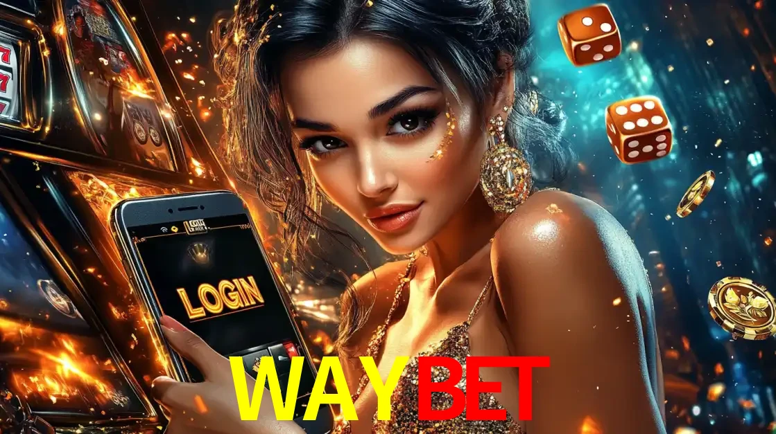 Mulher glamourosa segurando um celular com a tela de login do cassino WAYBET, rodeada por dados e moedas douradas, pronta para começar a diversão.