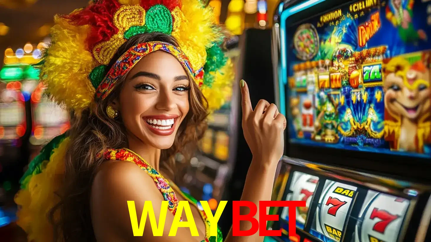 Mulher animada com um cocar de carnaval apontando para uma máquina de caça-níqueis, mostrando a emoção de ganhar um grande prêmio nos jogos do WAYBET.