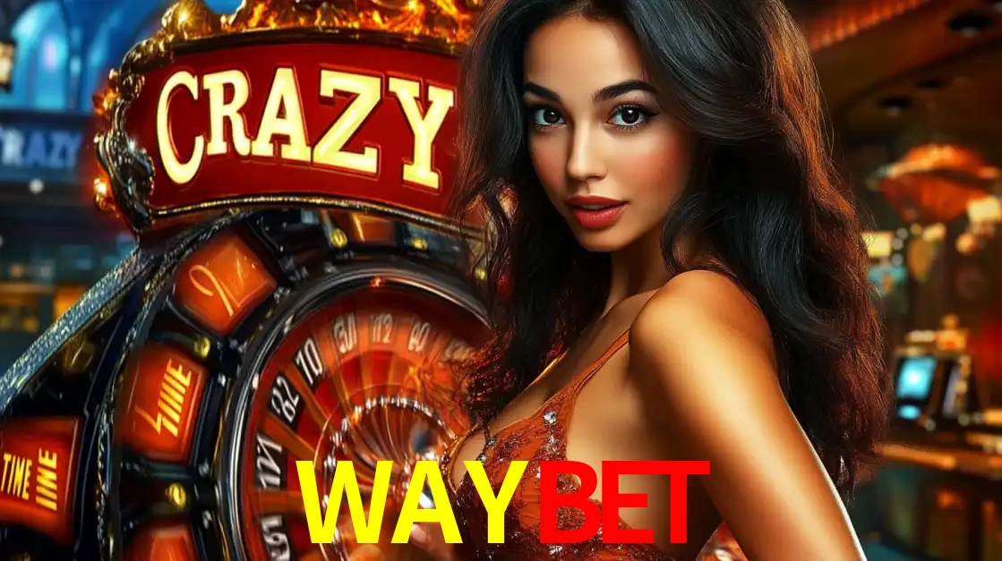 Mulher glamourosa olhando para a câmera com a roda vermelha do Crazy Time ao fundo em um ambiente de cassino, destacando a emoção dos jogos ao vivo no WAYBET.
