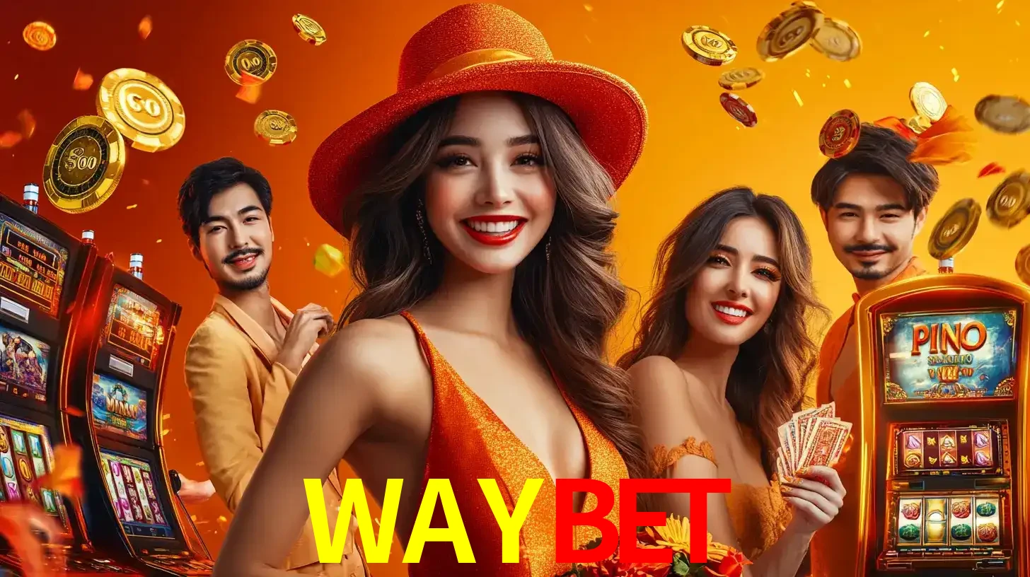 Grupo de amigos asiáticos sorrindo e se divertindo com máquinas de caça-níqueis em um ambiente festivo, celebrando suas vitórias nos jogos de cassino do WAYBET.