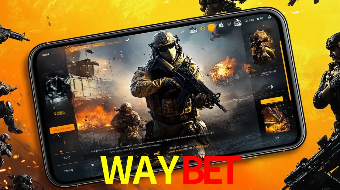 Um smartphone exibindo a interface de um jogo de tiro em primeira pessoa, com um soldado em um cenário de batalha, representando a ação dos e-sports para apostar no WAYBET.
