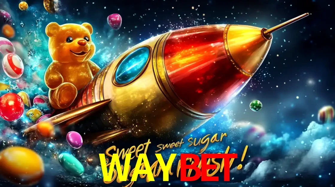 Arte promocional do jogo de slot Sugar Rush, com um urso de pelúcia em um foguete viajando pelo espaço de doces, um dos jogos divertidos disponíveis no cassino WAYBET.