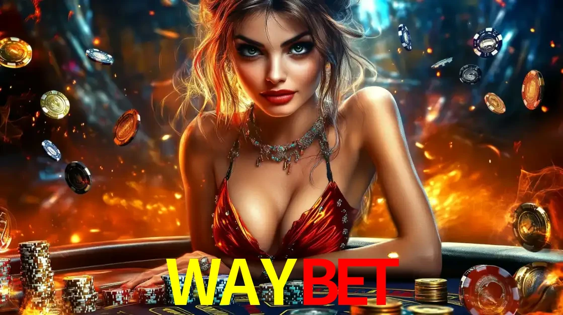 Mulher em uma mesa de cassino com pilhas de fichas e um fundo de fogo, pronta para uma rodada de altas apostas nos jogos de mesa emocionantes do cassino WAYBET.