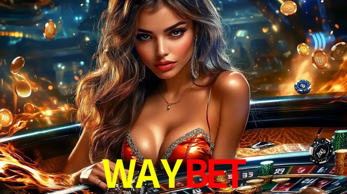 Mulher glamourosa em uma mesa de roleta com um fundo de chamas e moedas voadoras, pronta para fazer sua aposta e ganhar grandes prêmios no cassino ao vivo WAYBET.