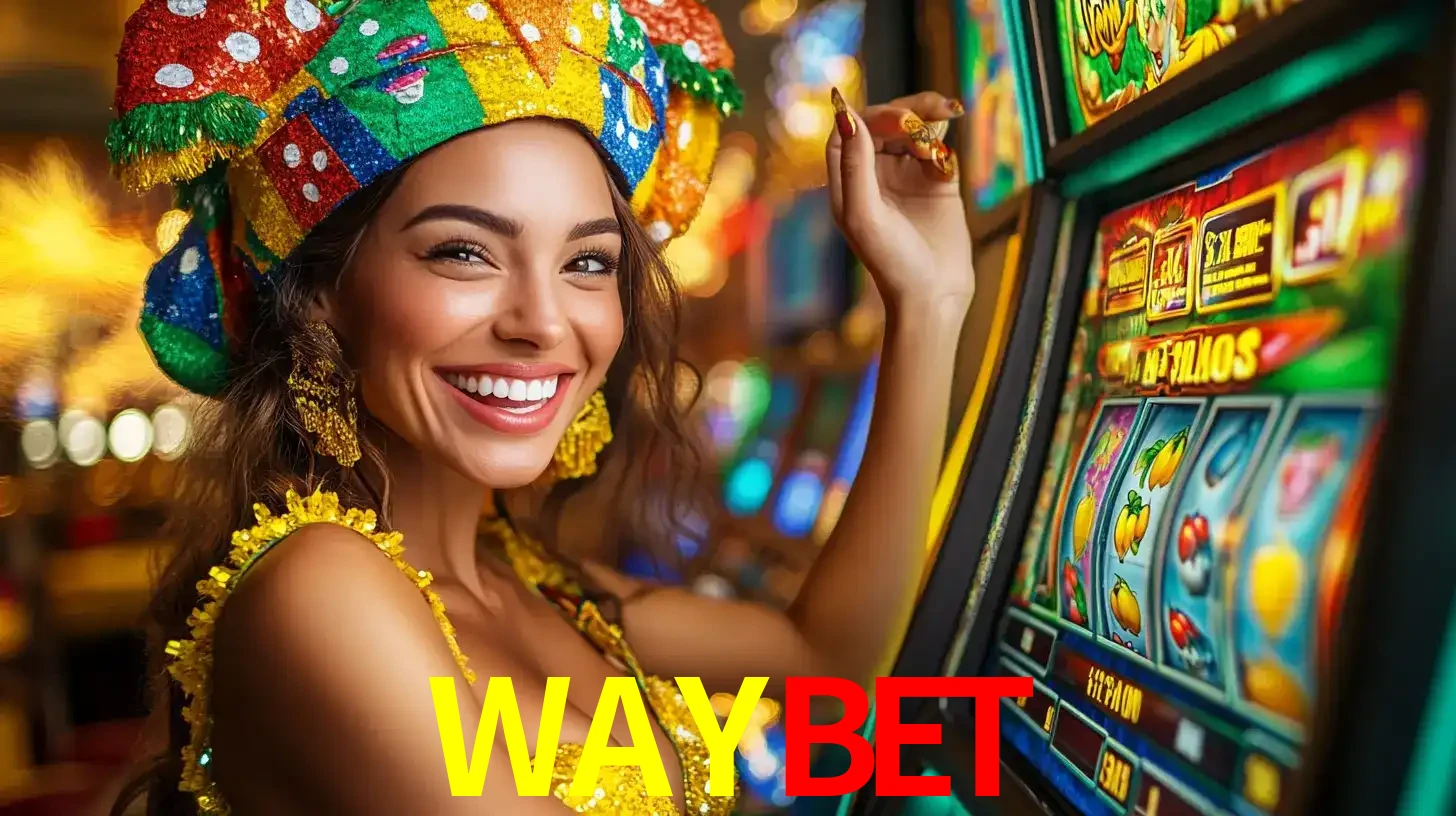 Mulher feliz com traje de carnaval amarelo e colorido ao lado de uma máquina de caça-níqueis, aproveitando a diversão e os jogos temáticos do cassino WAYBET.
