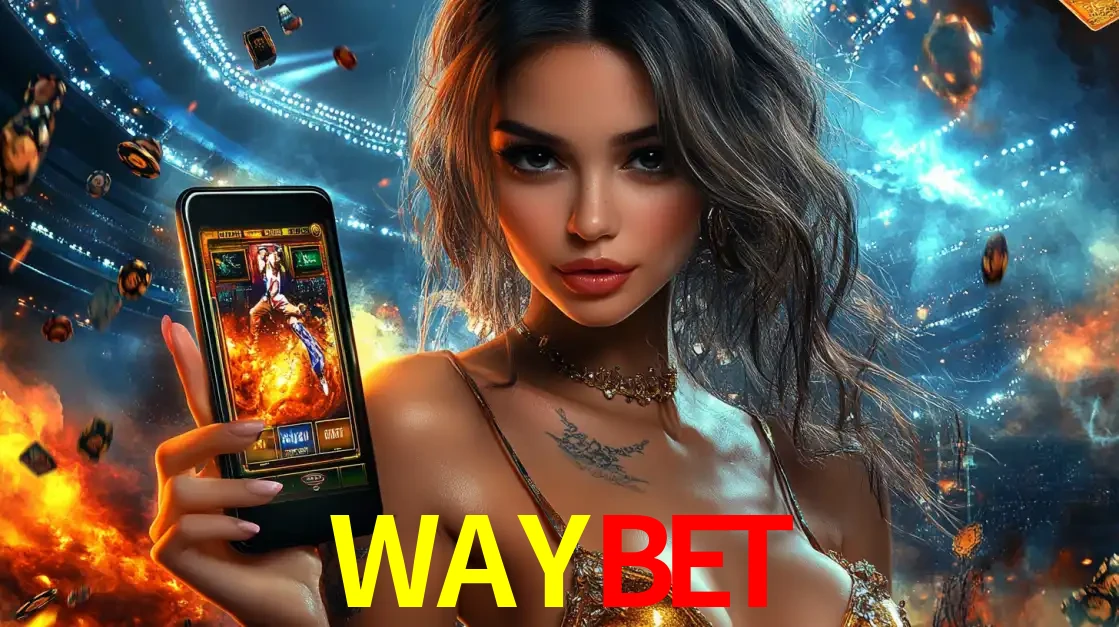 Mulher segurando um celular com um jogo de slot em destaque, tendo como fundo um estádio vibrante, simbolizando a emoção de jogar no cassino móvel WAYBET.