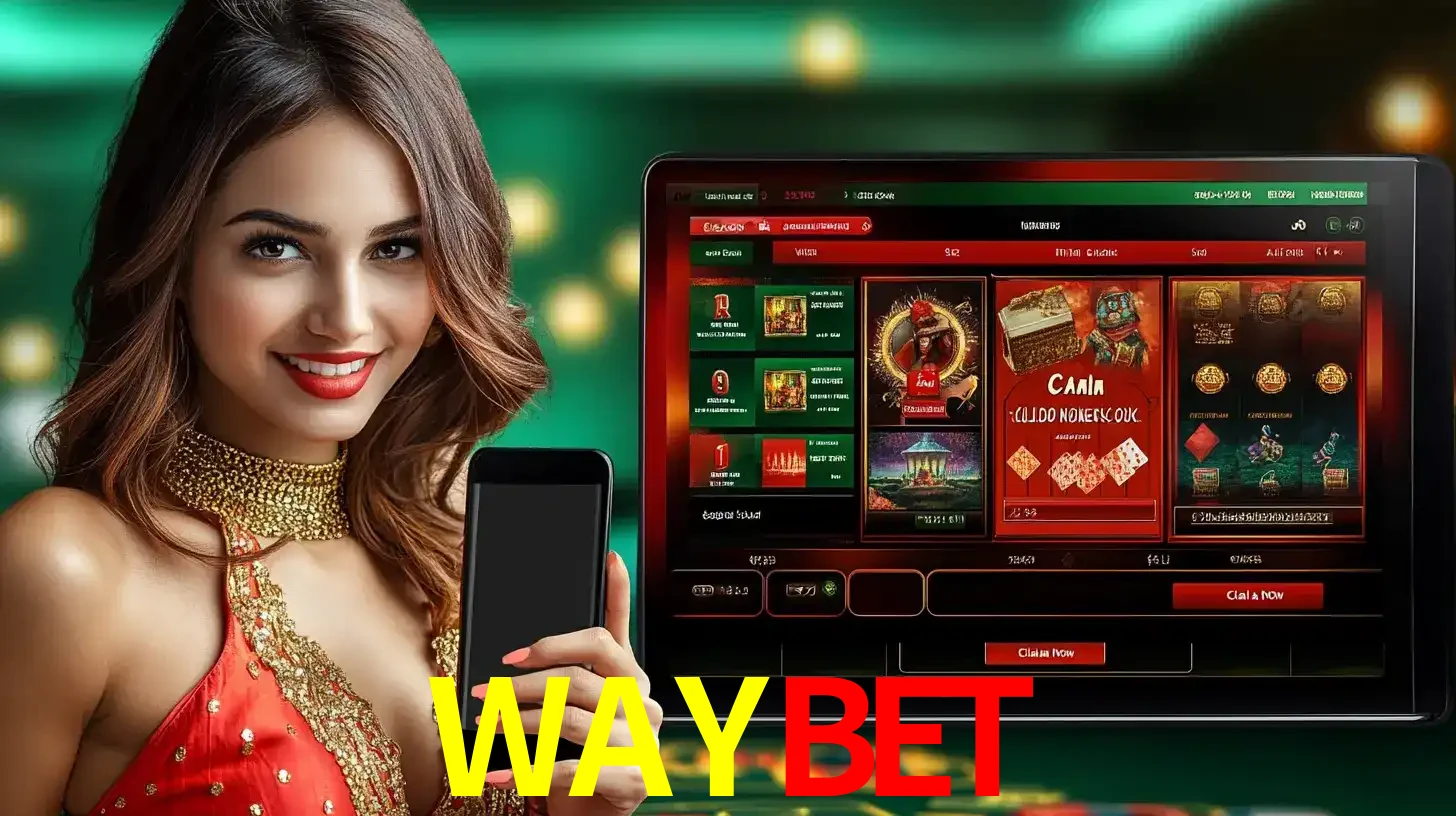 Mulher sorridente segurando um smartphone, ao lado de uma tela exibindo o lobby de jogos do cassino online WAYBET, com várias opções de jogos de cartas e slots.